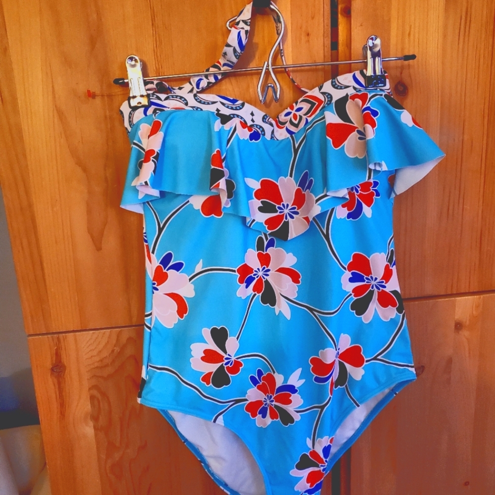 GBM Sonsie by Gracing Turquoise Floral One Piece Halter Neck Swimsuit 10